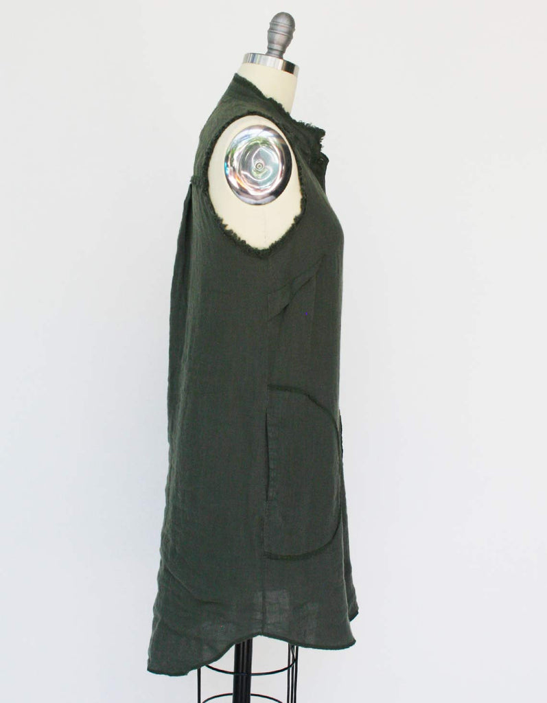 Shirtdress made with organic linen by raw earth wild sky. Button up.